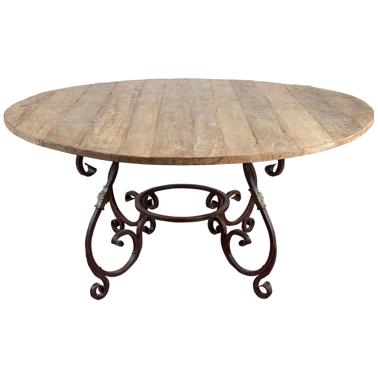 Rustic Outdoor or Indoor Round Teak Wood and Metal Base Dining Table