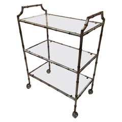 Vintage Schnazzy Maison Jansen Style Faux Bamboo Silverleaf Bar Cart