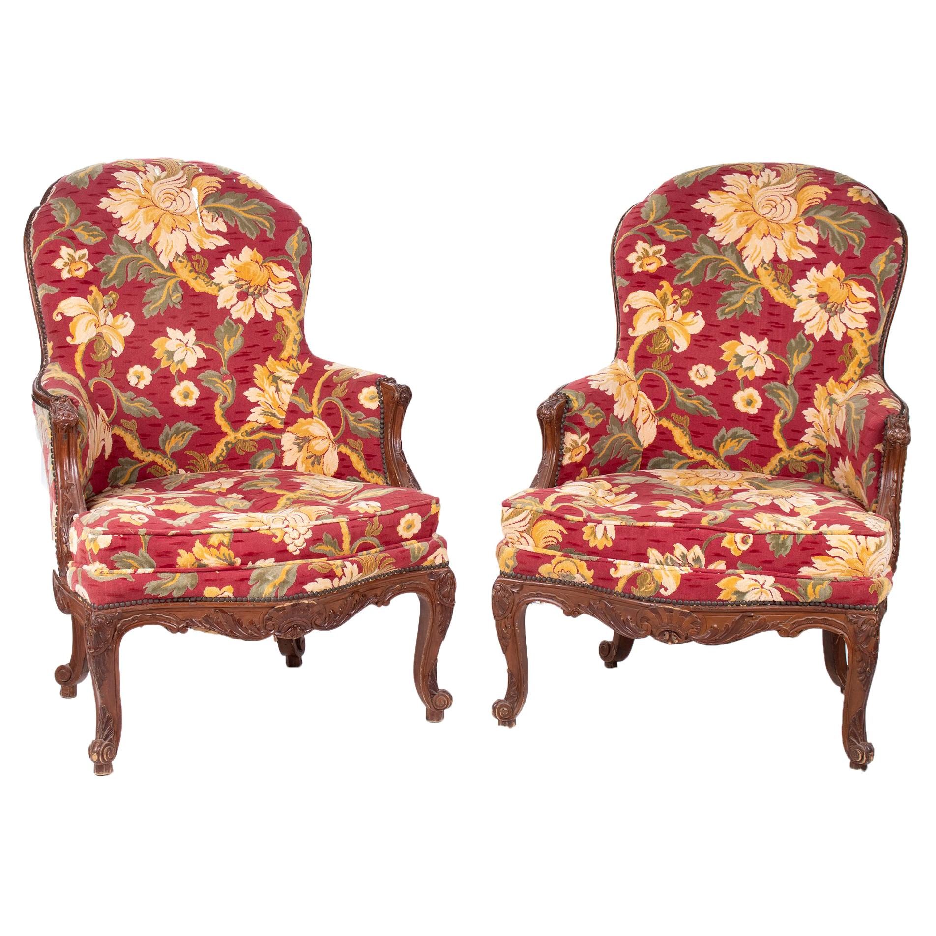 Paar französische gepolsterte Stühle mit Blumenmuster aus dem 19. Jahrhundert