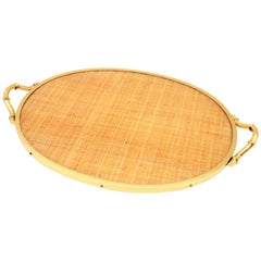 Vintage Christian Dior Crespi Style Faux Bamboo Brass, Rattan & Lucite Oval Serving Tray