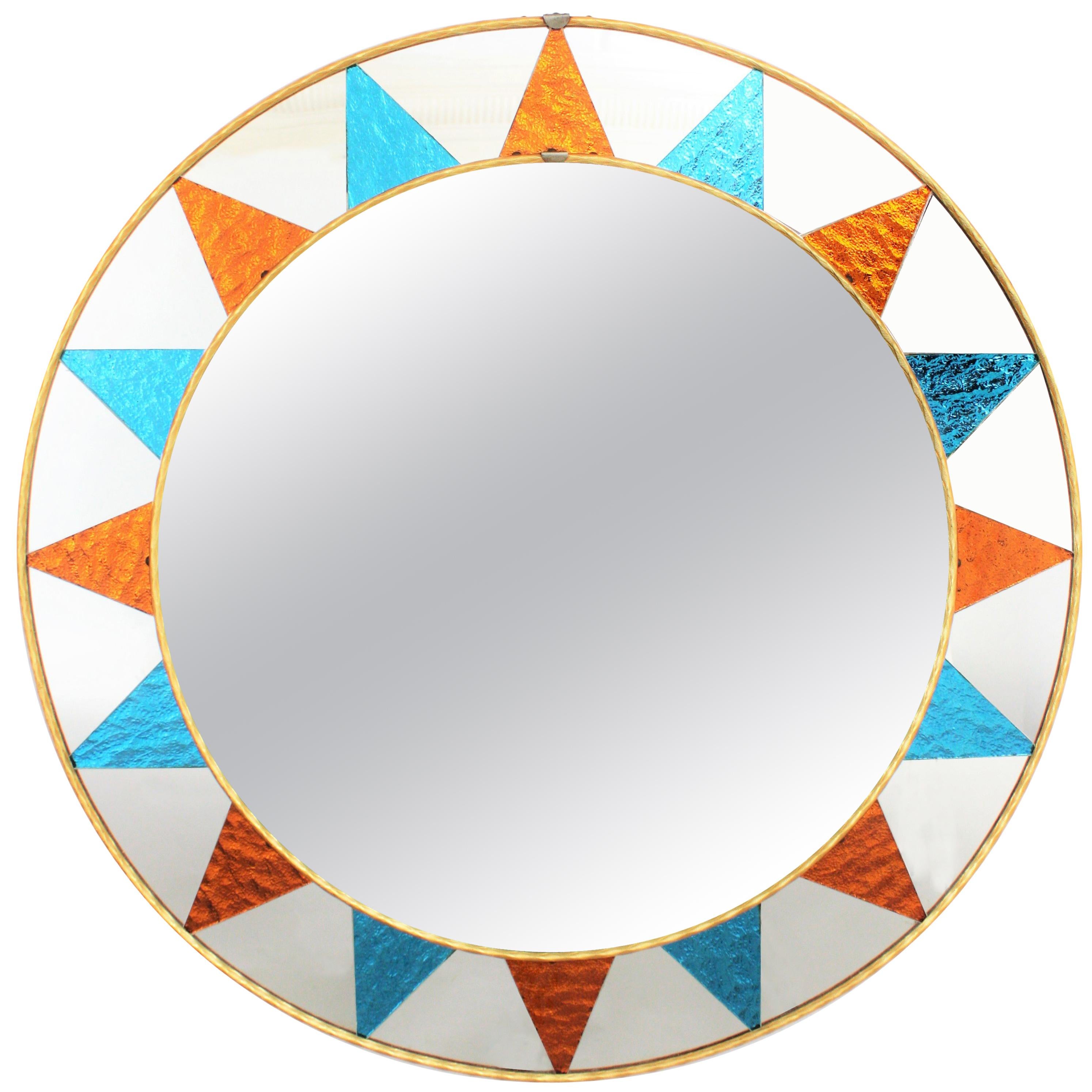 Sunburst Mirror with Mosaic Blue and Orange Glass Frame, Spain, 1960s