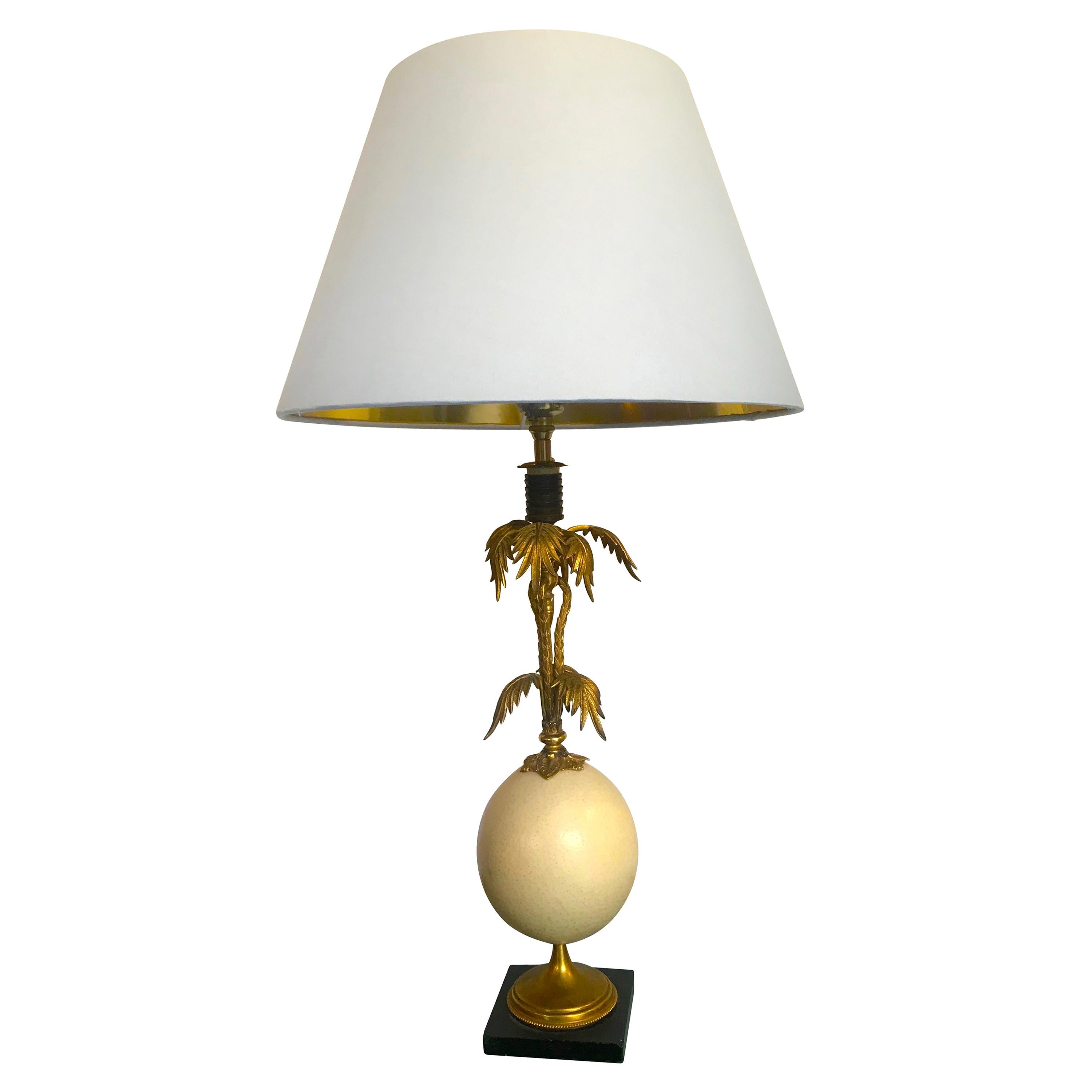 Brass Palm Tree Table Lamp with Real Ostrich Egg Centre