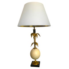 Antique Brass Palm Tree Table Lamp with Real Ostrich Egg Centre