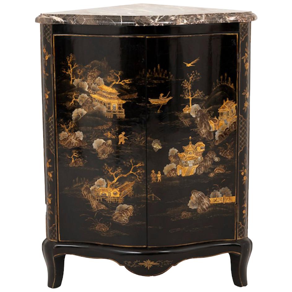 Louis XV Style Corner Cabinet in Black Lacquer with a Chinese Decor, 1950s
