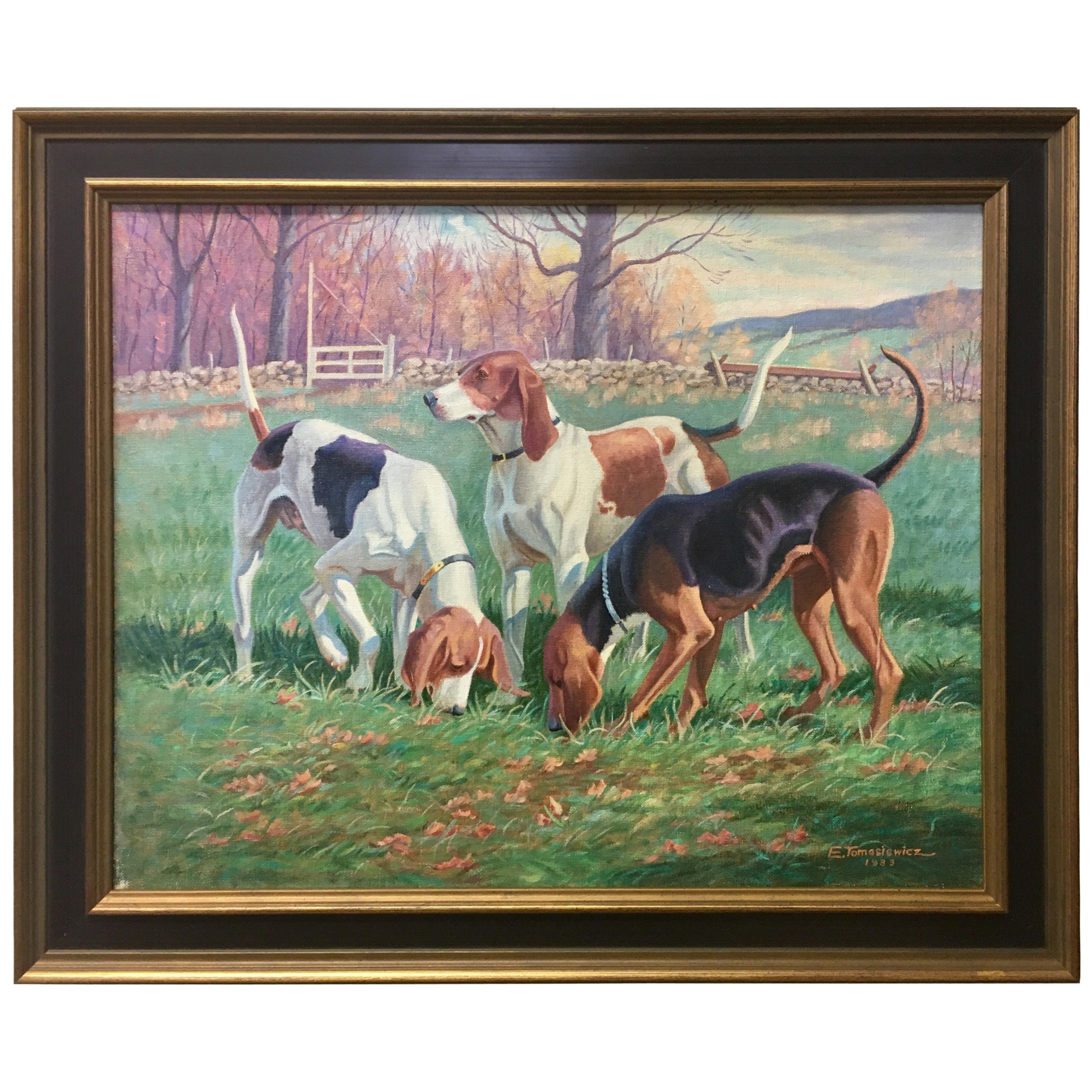 Original Signed Edward Tomasiewicz Oil Painting Gathering of Dogs