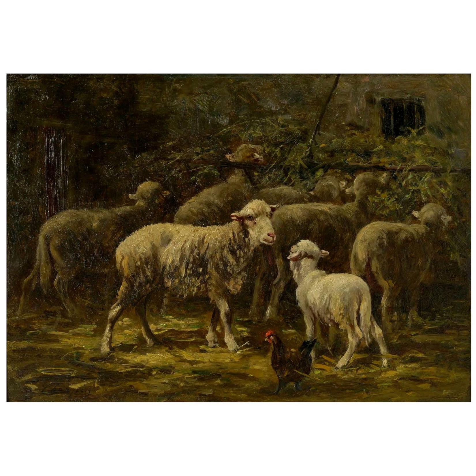 “Sheep in Stable” Antique Barbizon Oil Painting by Albert Charpin