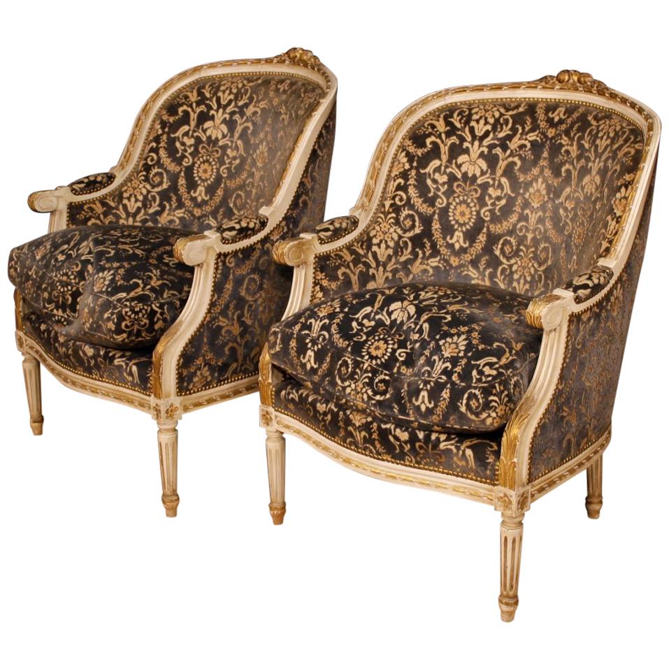 20th Century Lacquered and Giltwood with Velvet Pair of Italian Armchairs, 1960