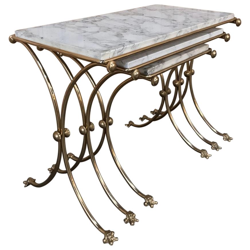 Set of Midcentury Brass and Marble Nesting Tables