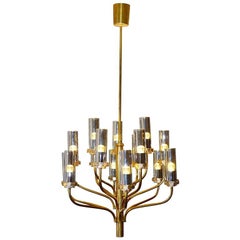 Large Midcentury Fifteen-Light Brass and Smoked Glass Chandelier