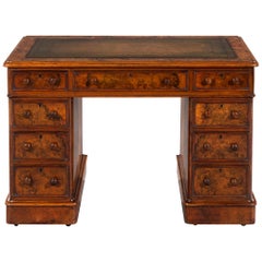 Antique Mid-19th Century English Burr Walnut Pedestal Desk of Elegant Proportions