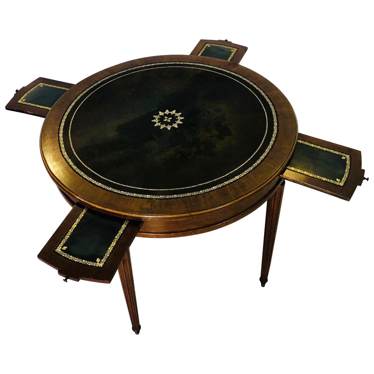 19th Century Biedermeier Side Table Game Table with Fluted Legs and Leather Top  For Sale