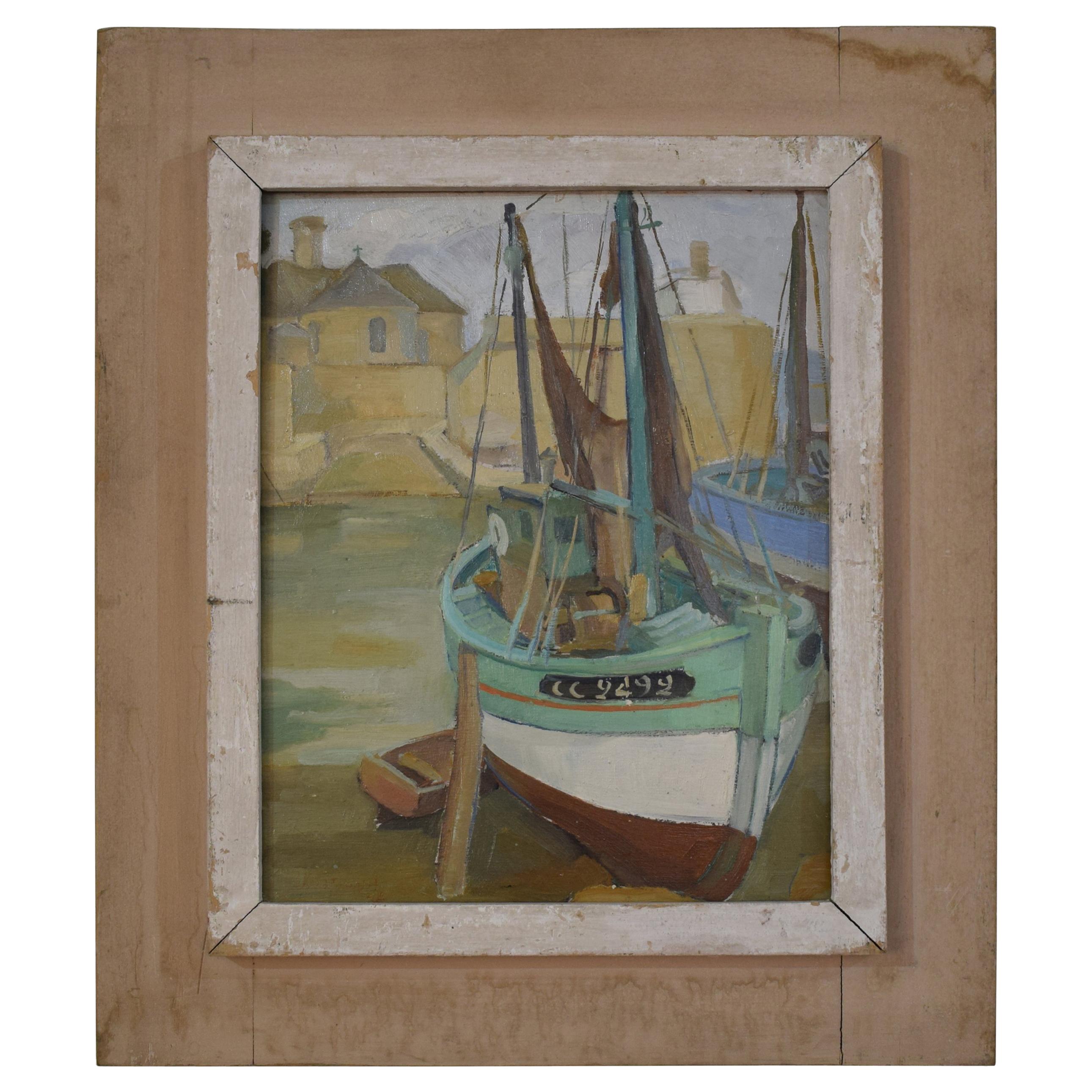1940s French Oil Painting with Harbor Scene