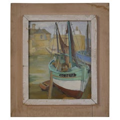 1940s French Oil Painting with Harbor Scene