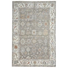 Ivory and Brown Contemporary Handmade Wool Turkish Oushak Rug