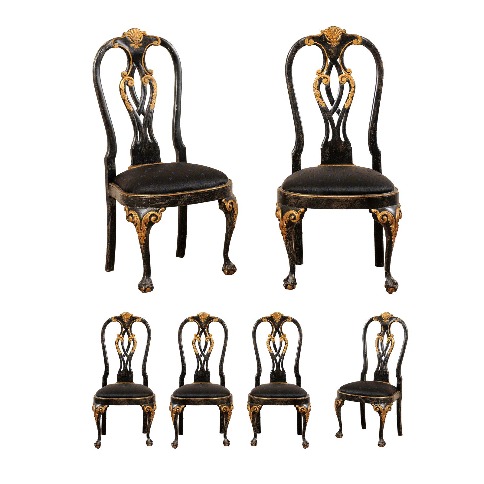 Set of 6 Portuguese-Style Pierced Splat Back Dining Side Chairs, Black & Gold