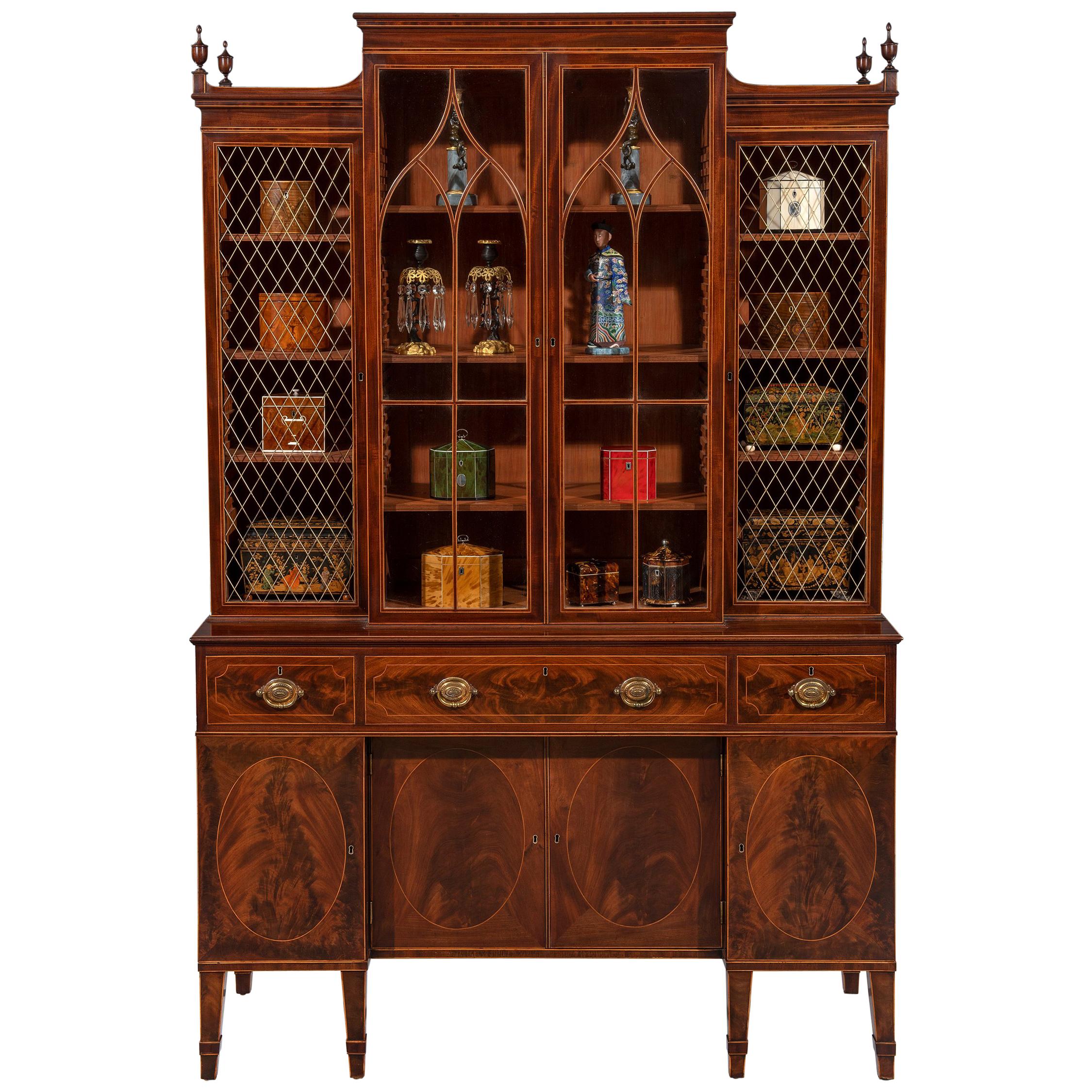 George III Sheraton Period Flamed Mahogany Breakfront Cabinet Bookcase For Sale