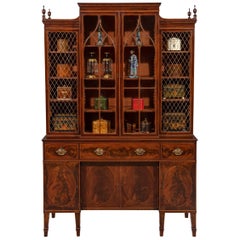 George III Sheraton Period Flamed Mahogany Breakfront Cabinet Bookcase