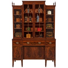 George III Sheraton Period Flamed Mahogany Breakfront Cabinet Bookcase