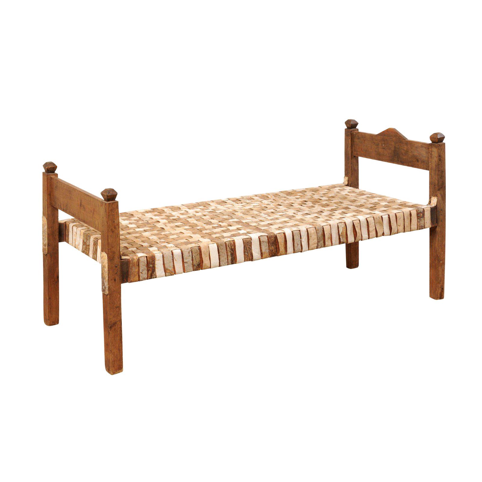 Brazilian Woven Leather and Wood Frame Daybed Bench
