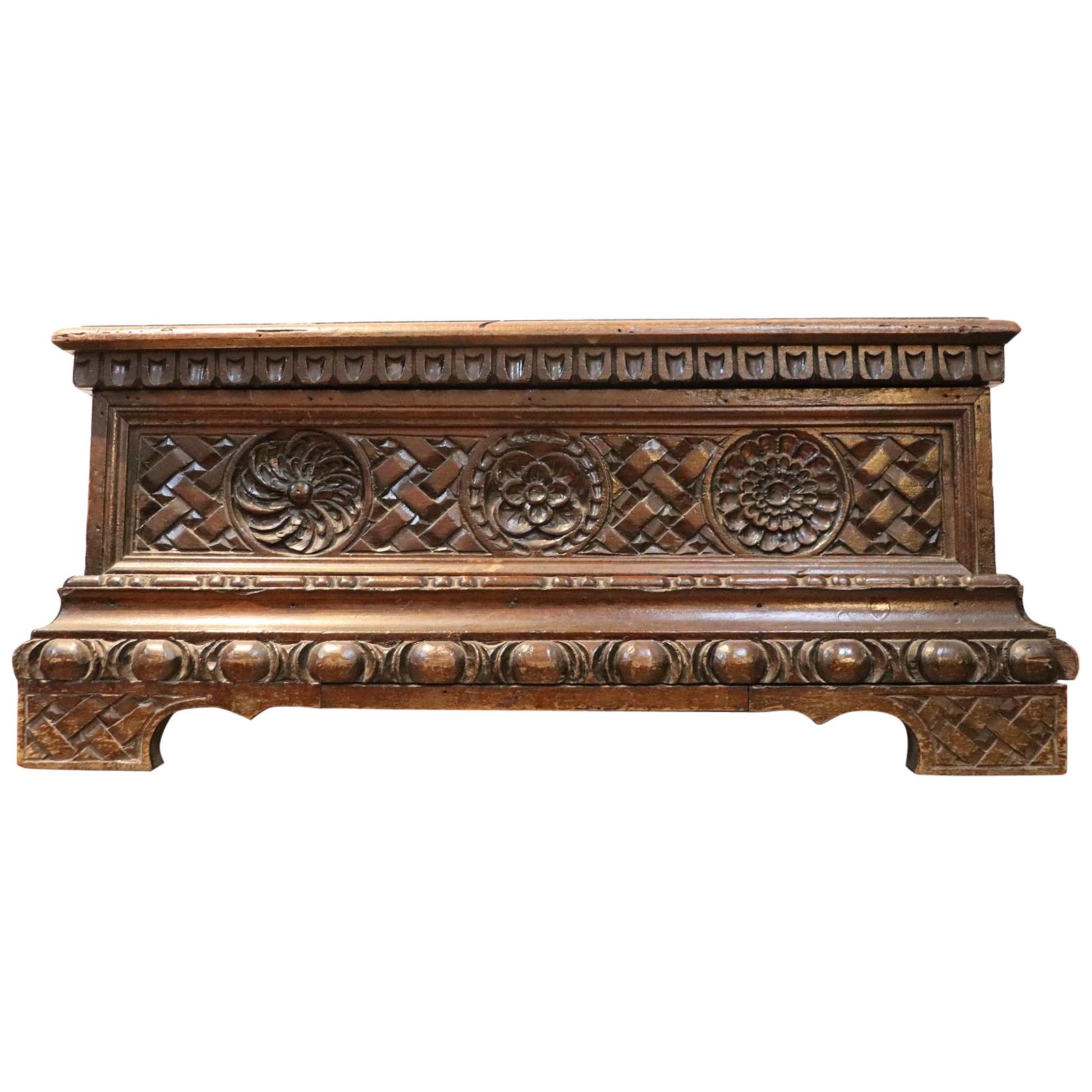 19th Century Italian Renaissance Walnut Carved Miniature Blanket Chest or Coffer