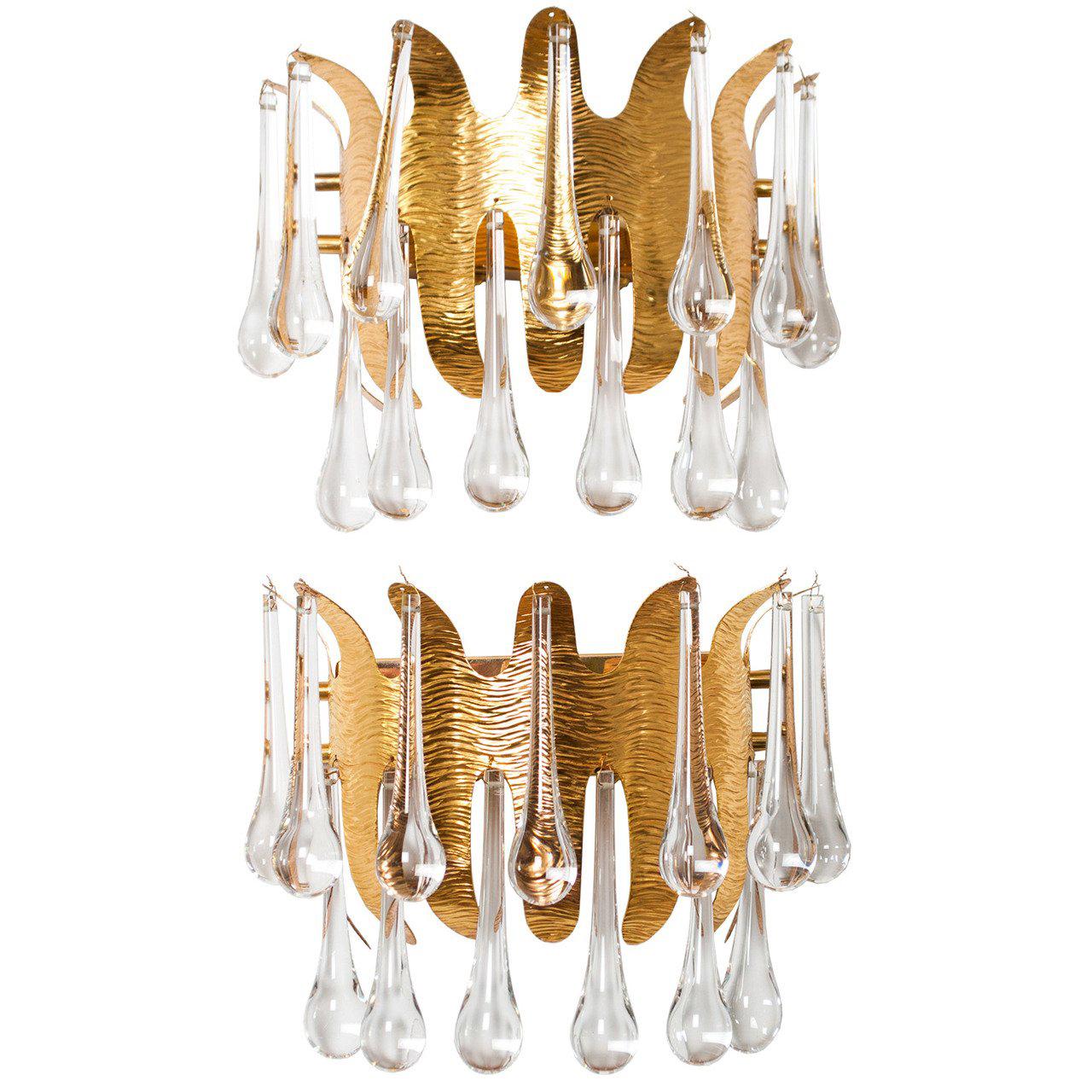 Ernst Palme for Palwa Mid-Century Modern Gilt Crown Sconces 2-Tier of Crystals