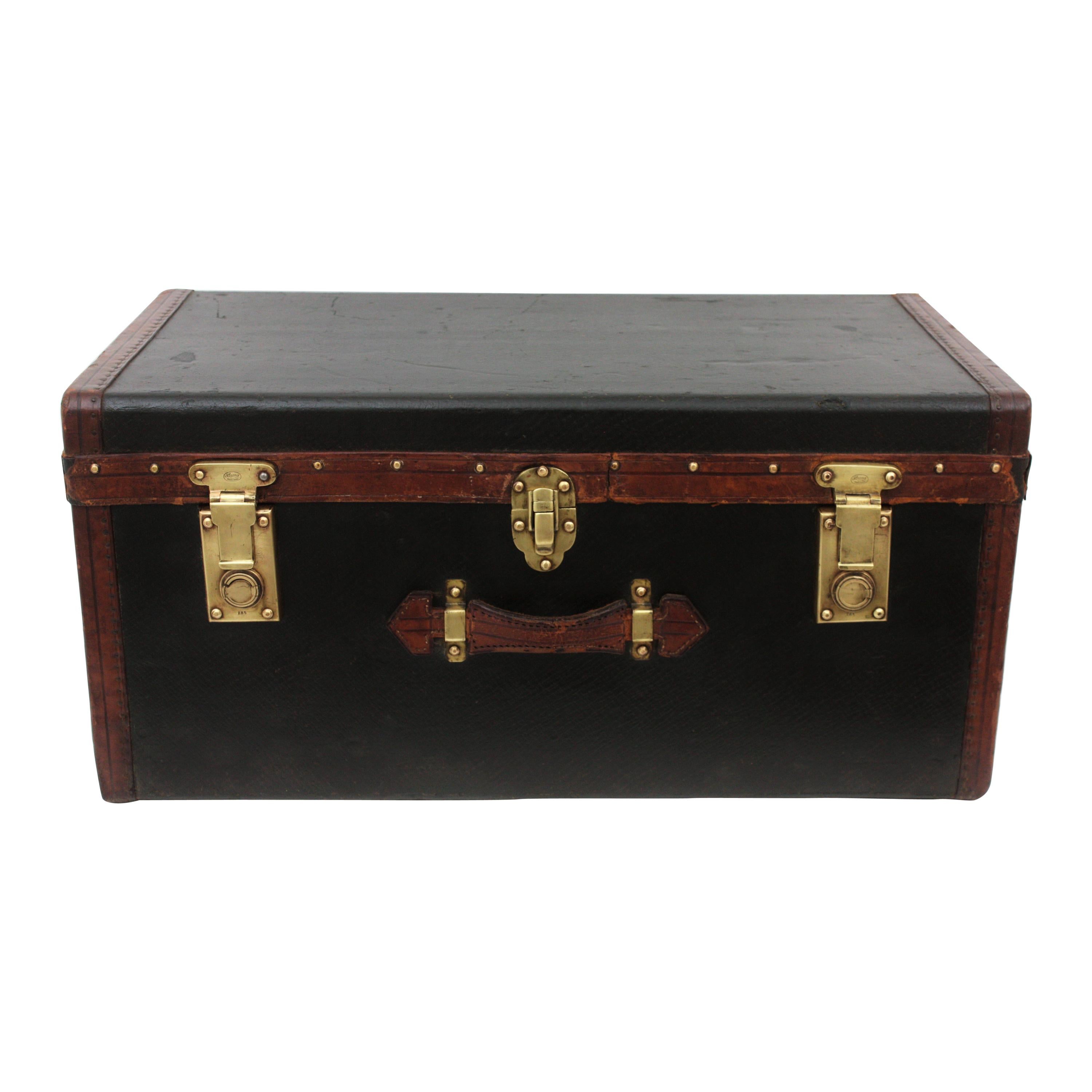 English Trunk in Leather and Canvas with Brass Locks