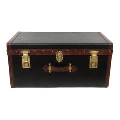 Antique English Trunk in Leather and Canvas with Brass Locks