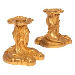 Pair of Small Rocaille Style Candlesticks in Gilt Bronze, Late 19th Century