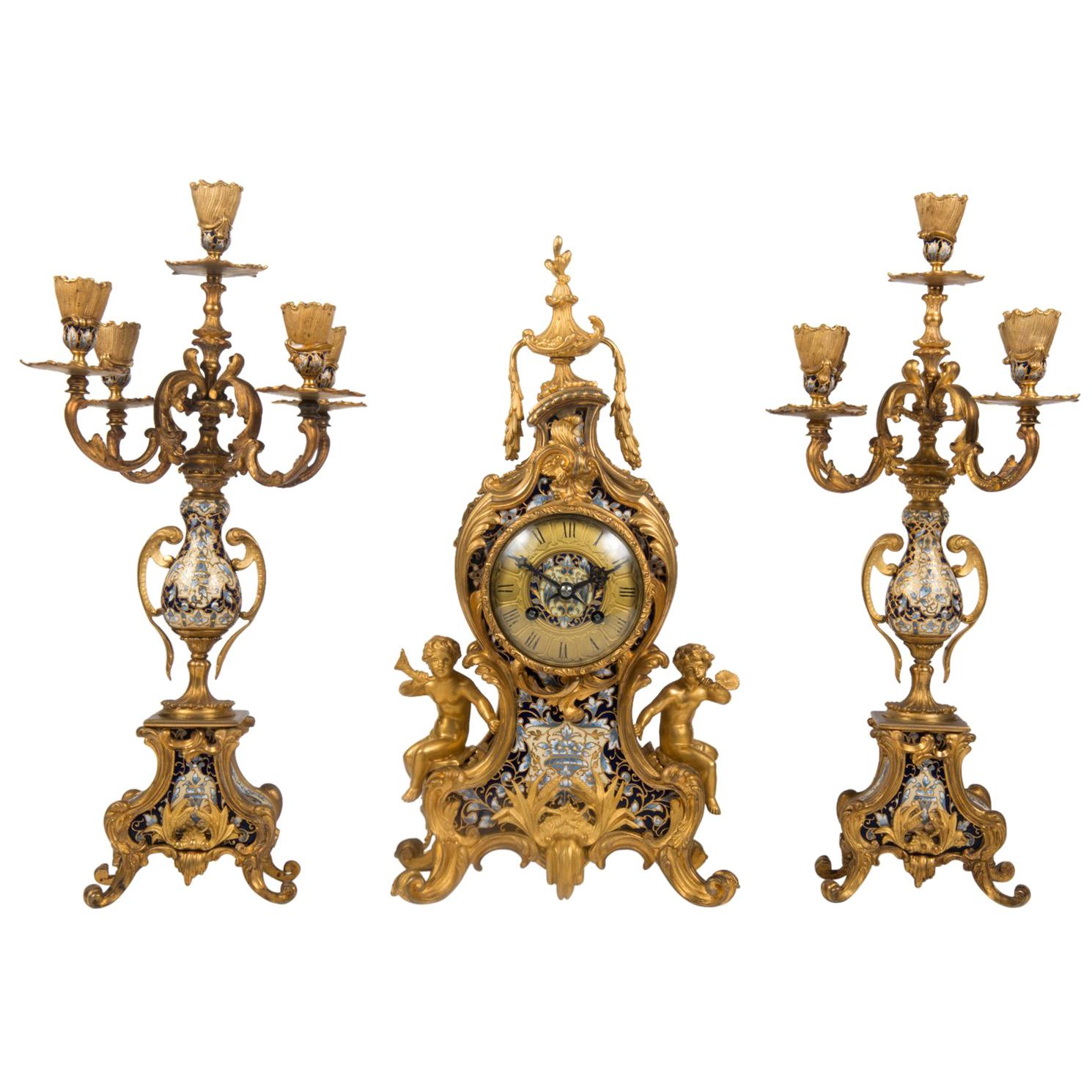 19th Century French Champlevé Enamel Clock Set