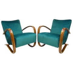 Antique Pair of "H269" Lounge Chairs by Jindrich Halabala in Peacock Blue and Walnut