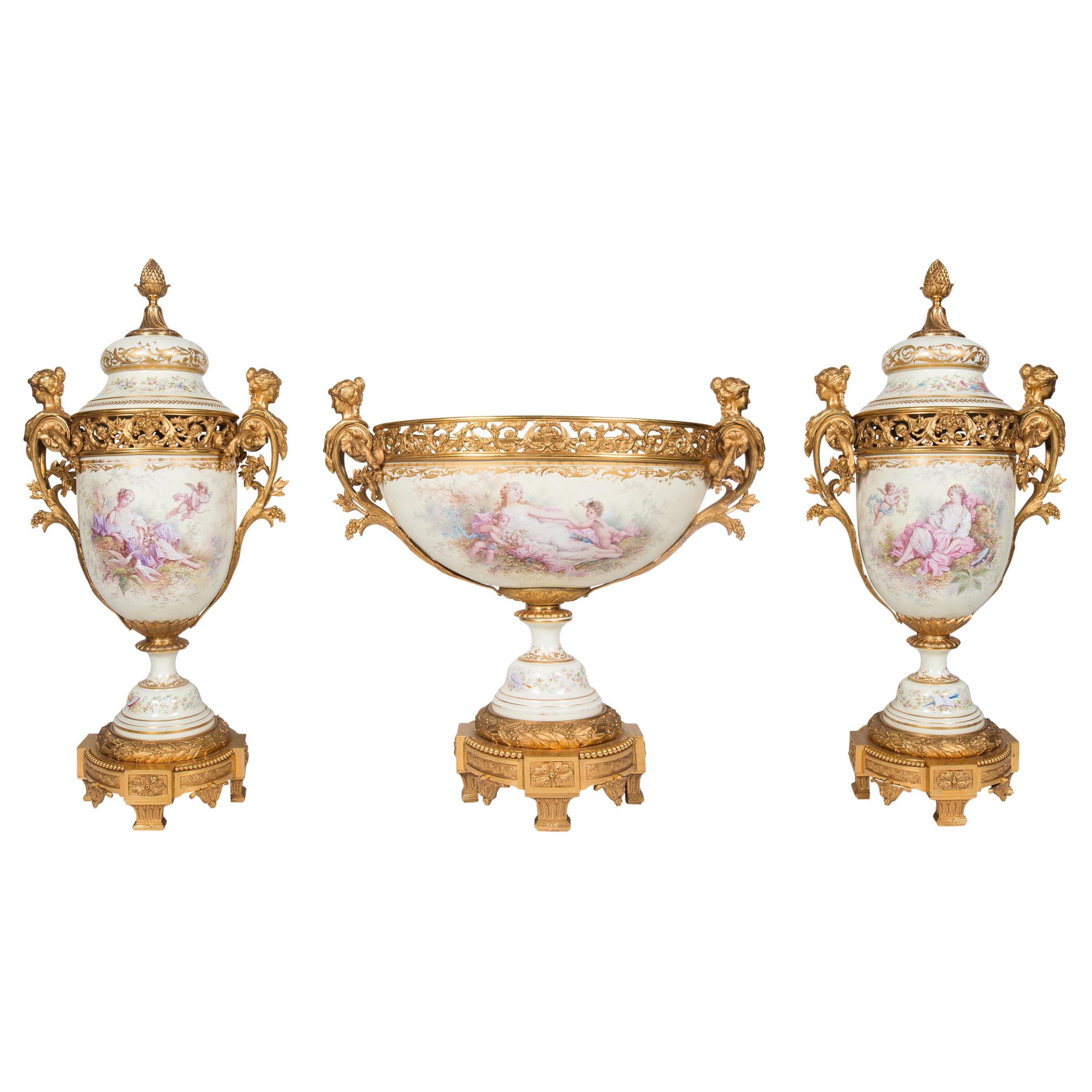 Large Sevres Style Garniture, 19th Century For Sale
