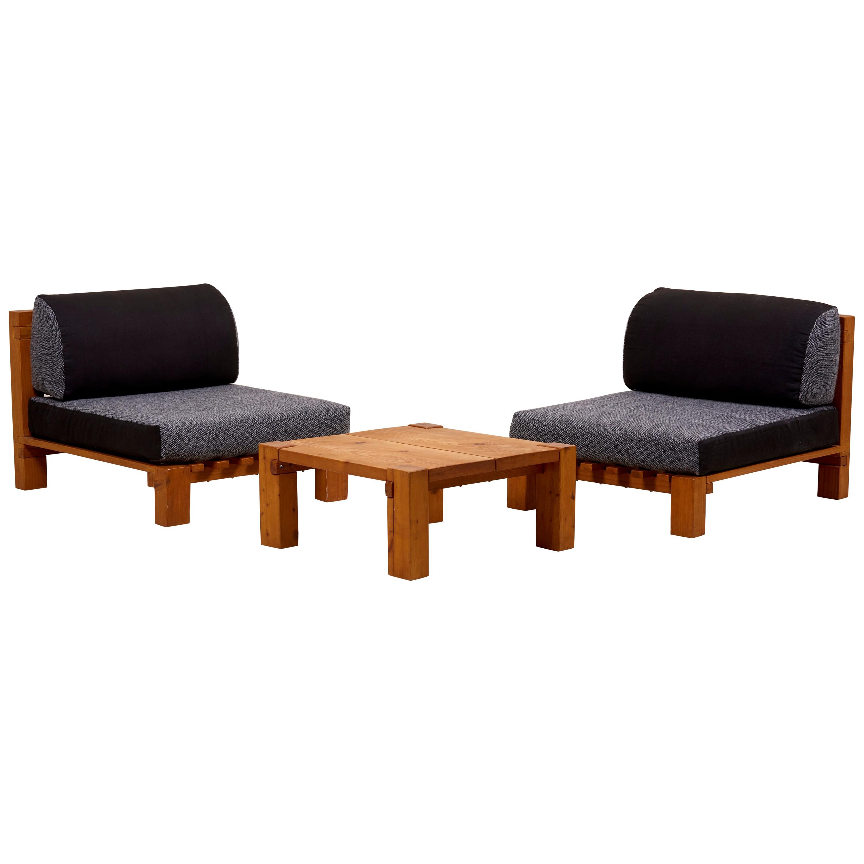Set of Two Lounge Chairs and Coffee Table Perriand Style, France, 1960s