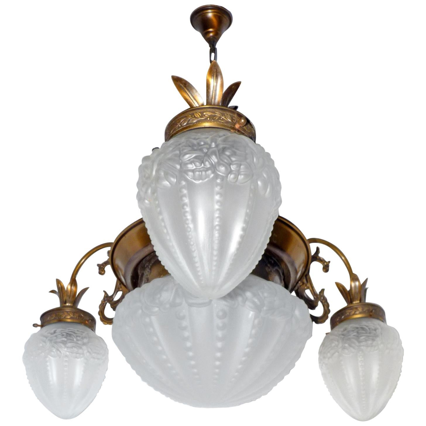 French Art Deco and Art Nouveau Brass and Frosted Glass Degué Style Chandelier