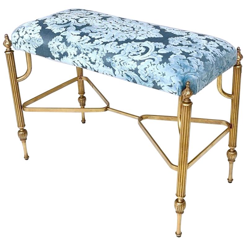 Midcentury Cerulean Blue Velvet Ottoman with Brass Legs, Italy, 1950s