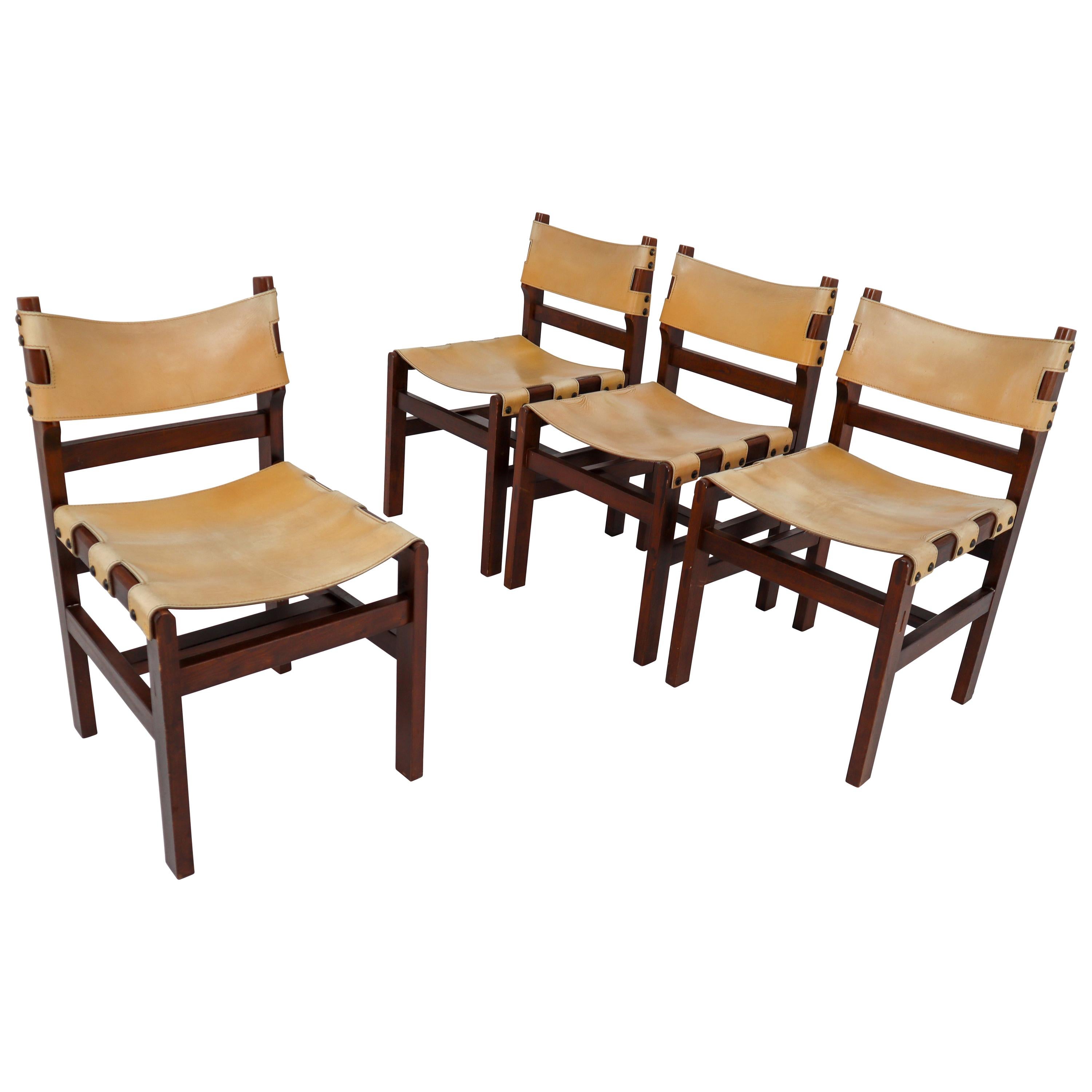 Set of Four Midcentury Chairs in Beech and Leather, France, 1960s