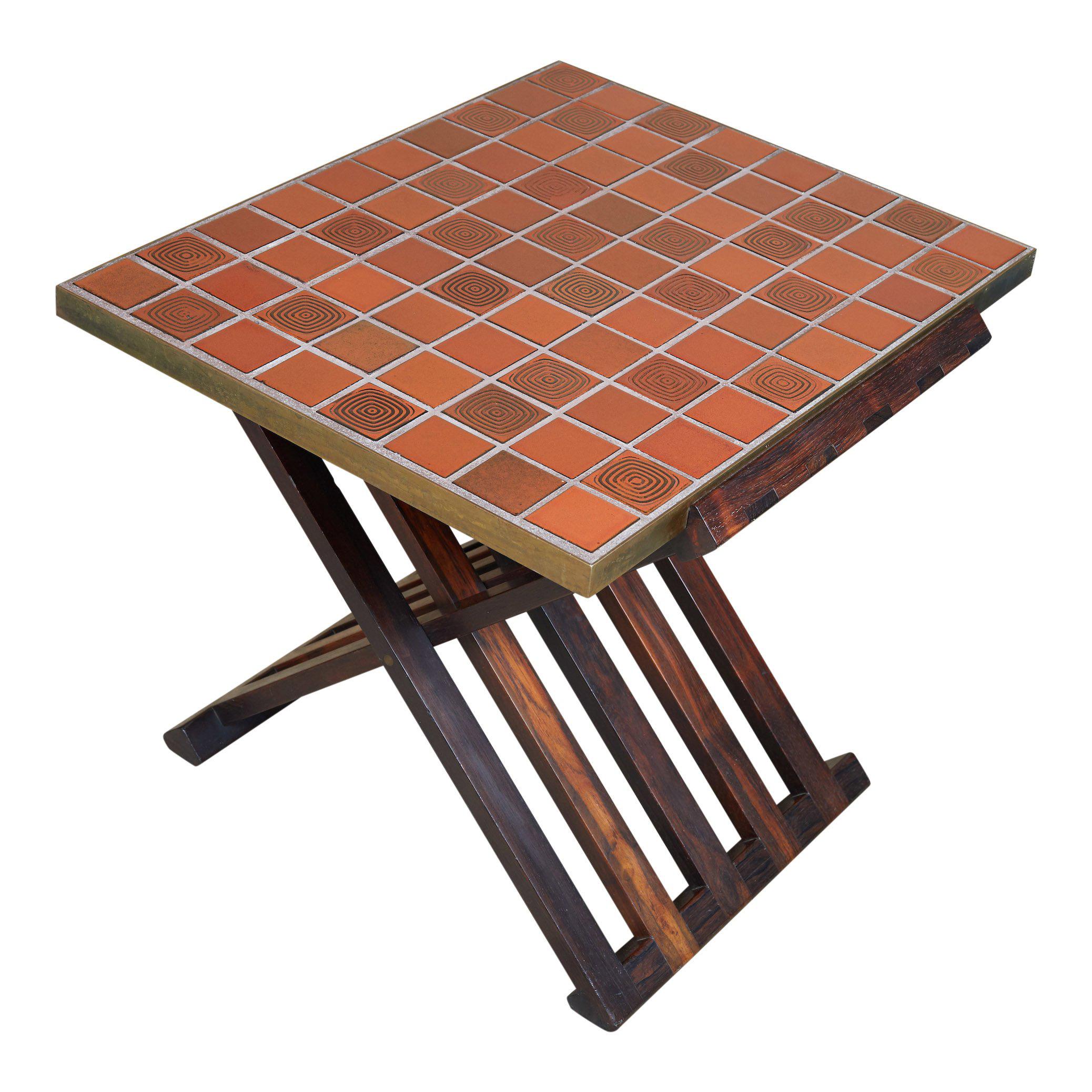 Rare Wood X-Form Folding Tile Top Table by Edward Wormley for Dunbar