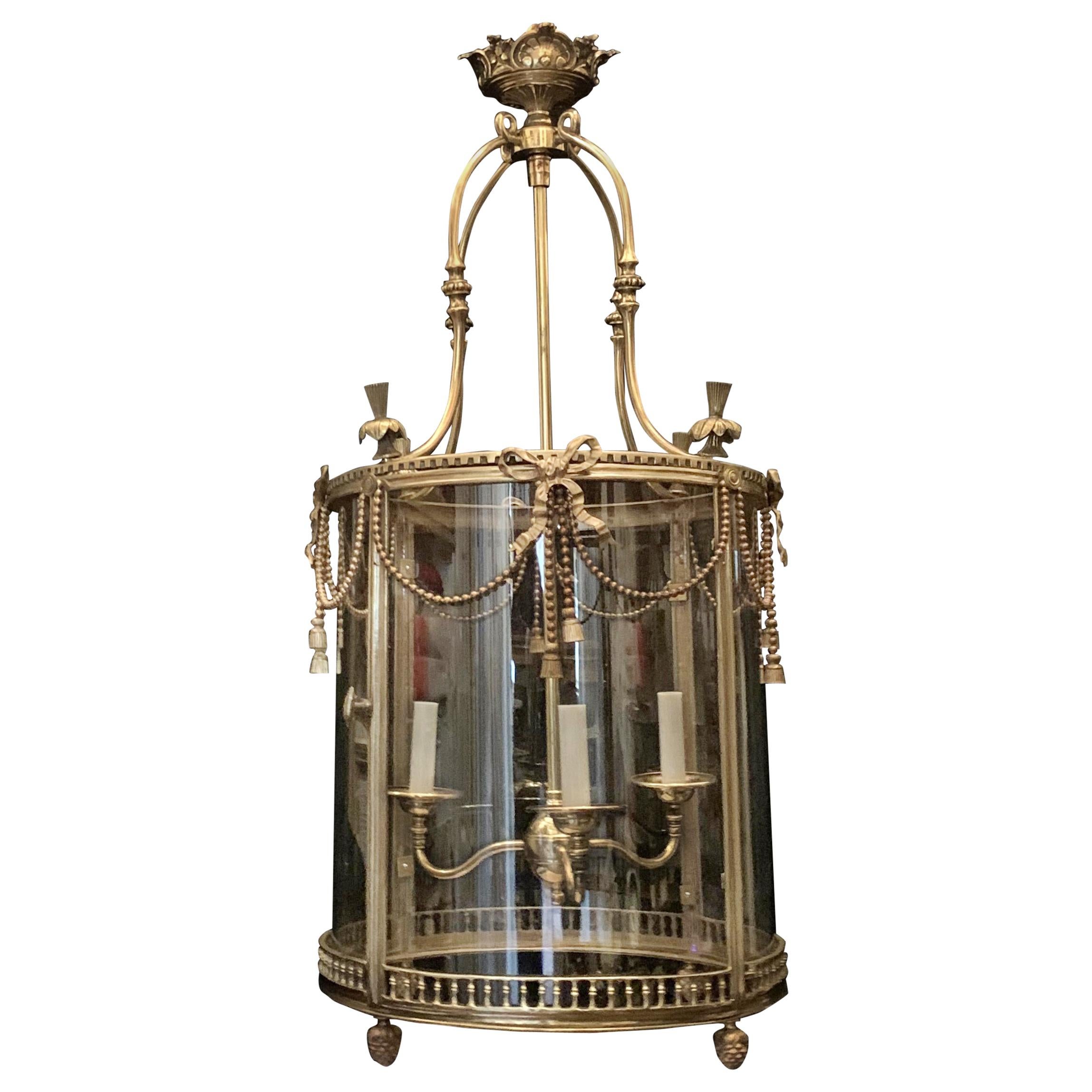 Wonderful Large French Ormolu Bronze Bow Ribbon Tassel Swags Lantern Fixture For Sale