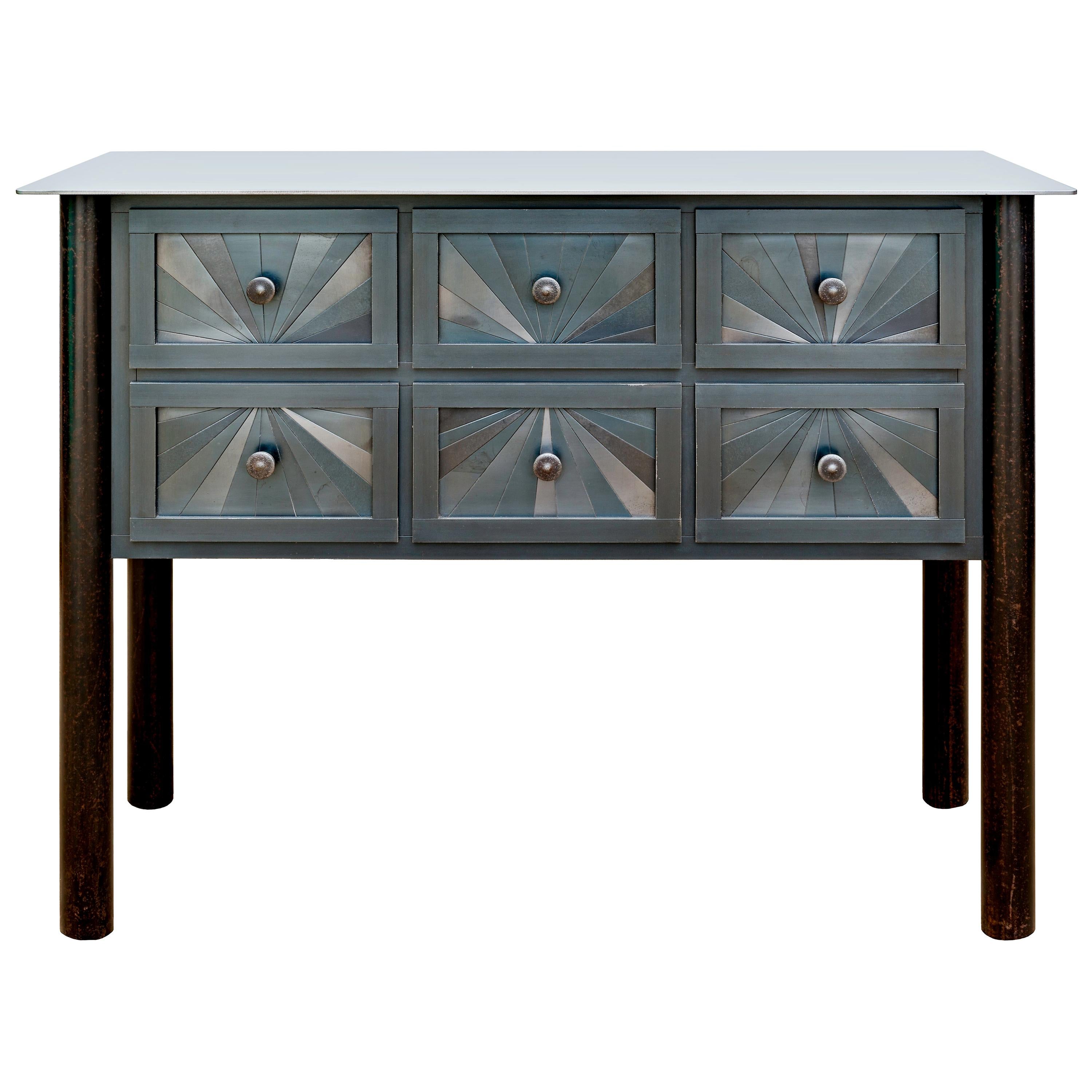 Jim Rose Steel Furniture - Six-Drawer Starburst Counter, Monochromatic Design