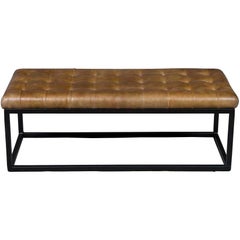 Tufted Leather Bench Seat Ottoman on Metal Base