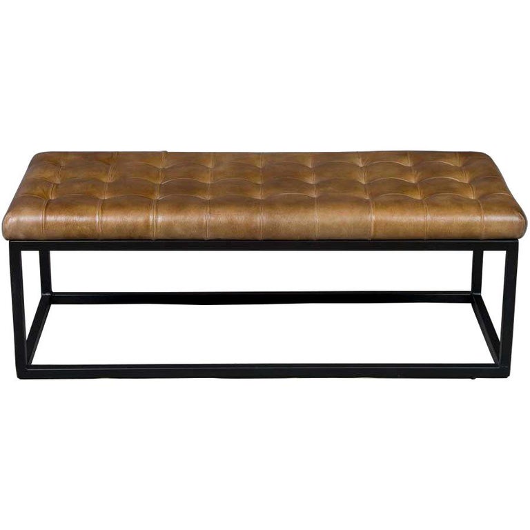Tufted Leather Bench Seat Ottoman On Metal Base For Sale
