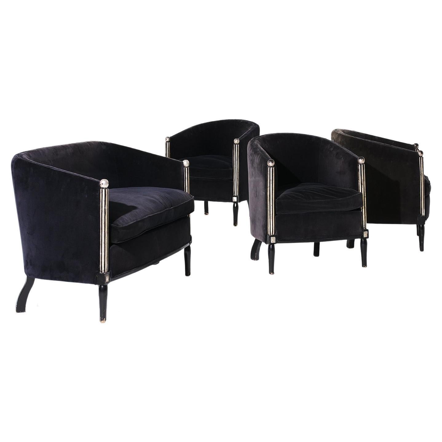 20th Century Black Parisian Art Deco Living Room Set of Three Club Chairs & Sofa For Sale