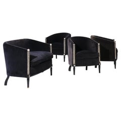 Antique 20th Century Black Parisian Art Deco Living Room Set of Three Club Chairs & Sofa