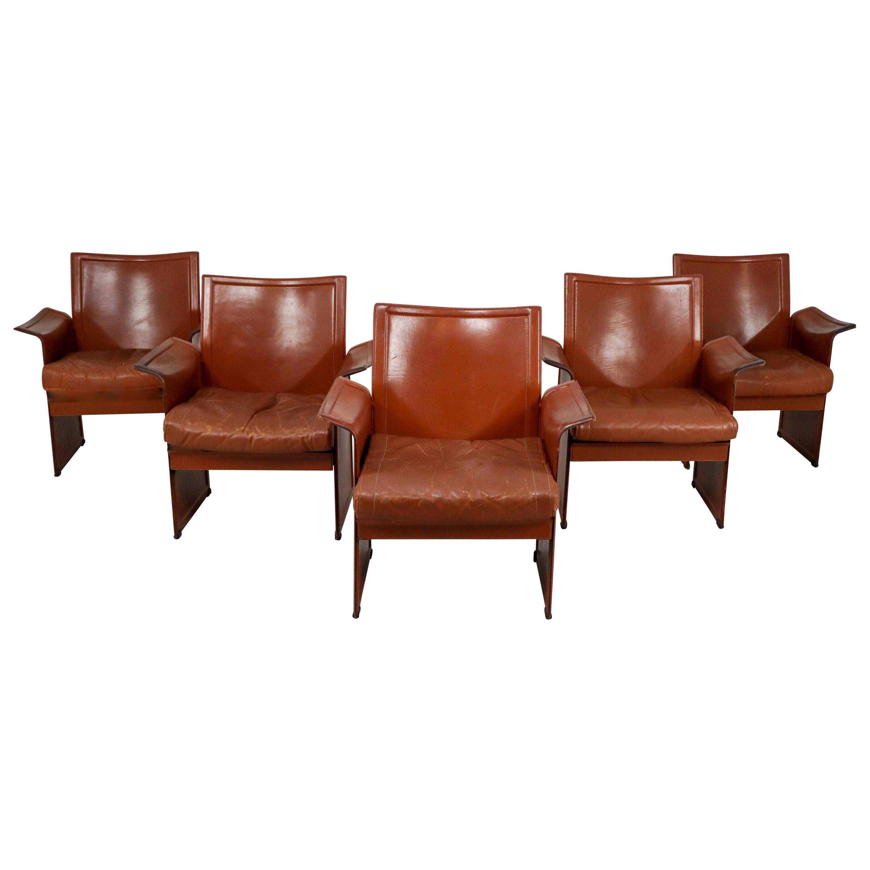 Tito Agnoli Pair of 'Korium' Chairs in Patinated Cognac Leather, Italy, 1970s