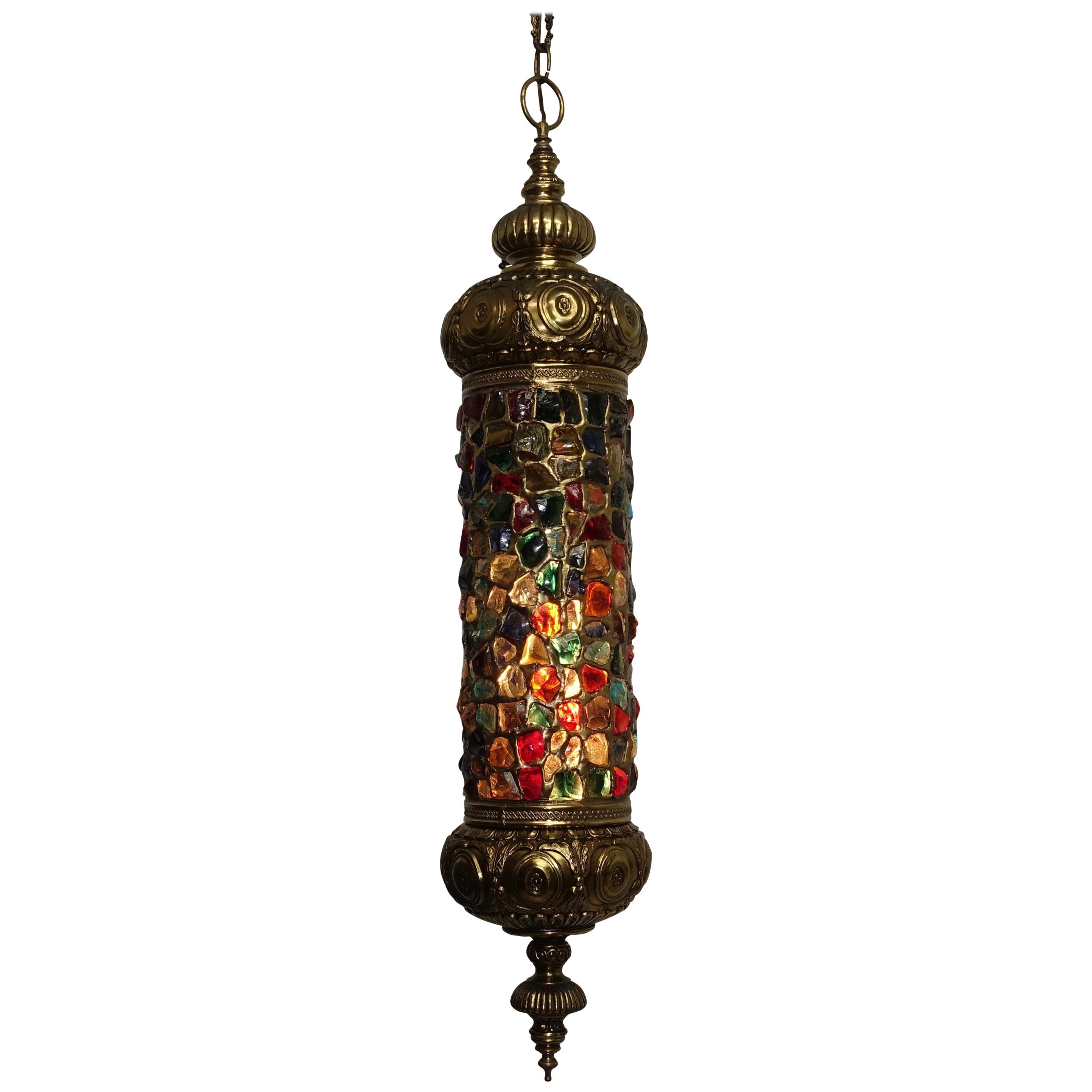 Arabesque Style Brass and Multicolored Jewel Glass Lantern, American, 1940s