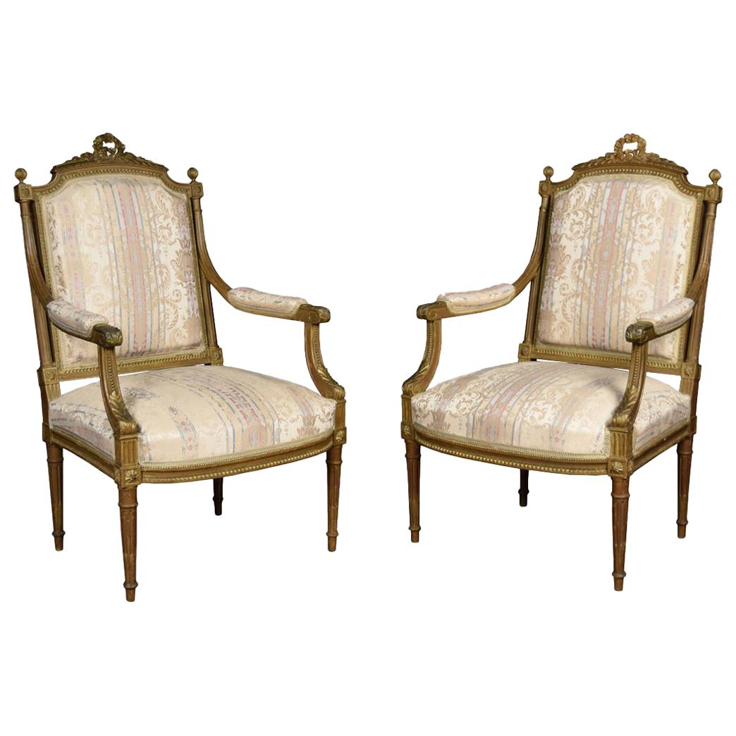 Pair of French Louis XVI Style Giltwood Armchairs