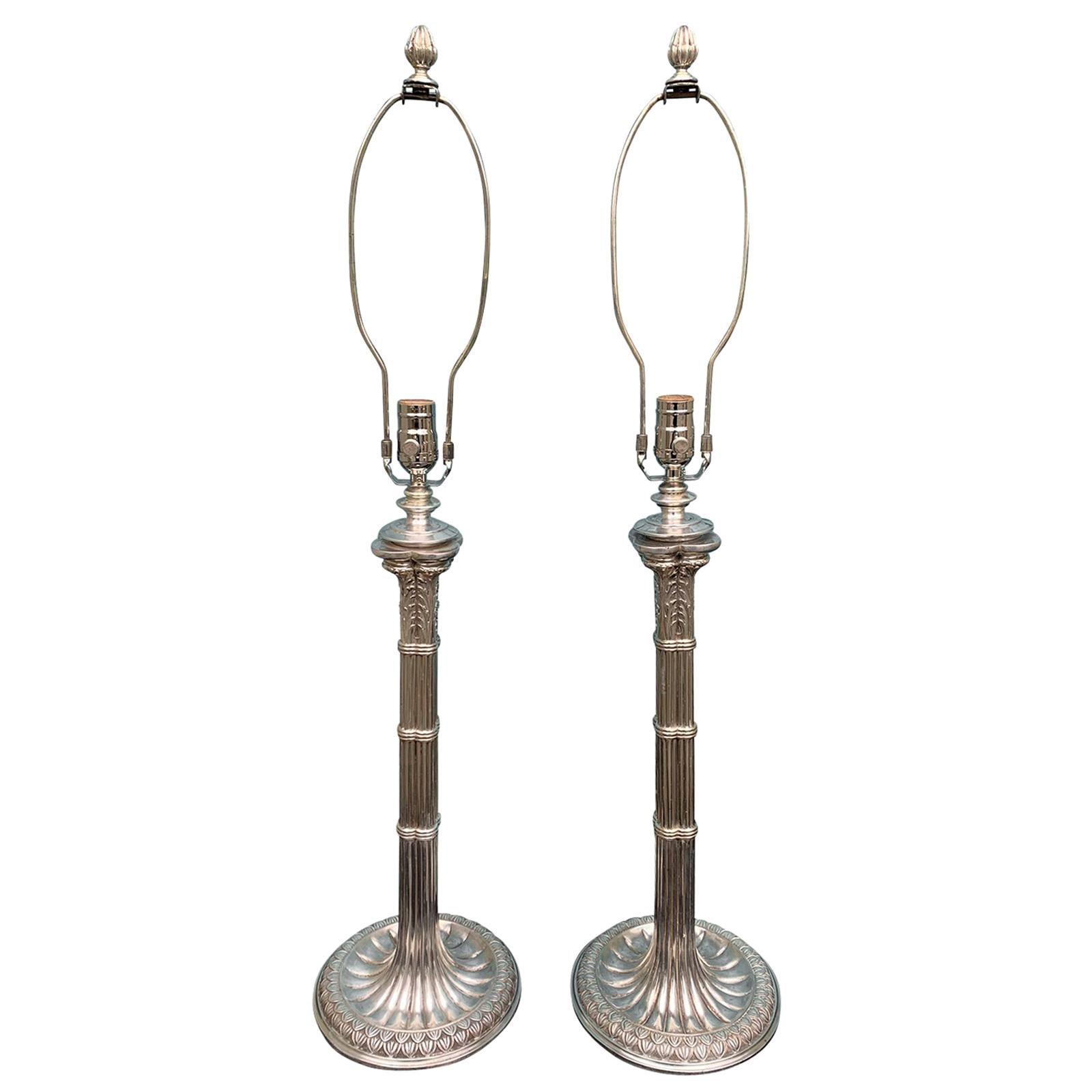 Pair of English Prob. Edwardian Silver Plated Column Lamps, circa 1900