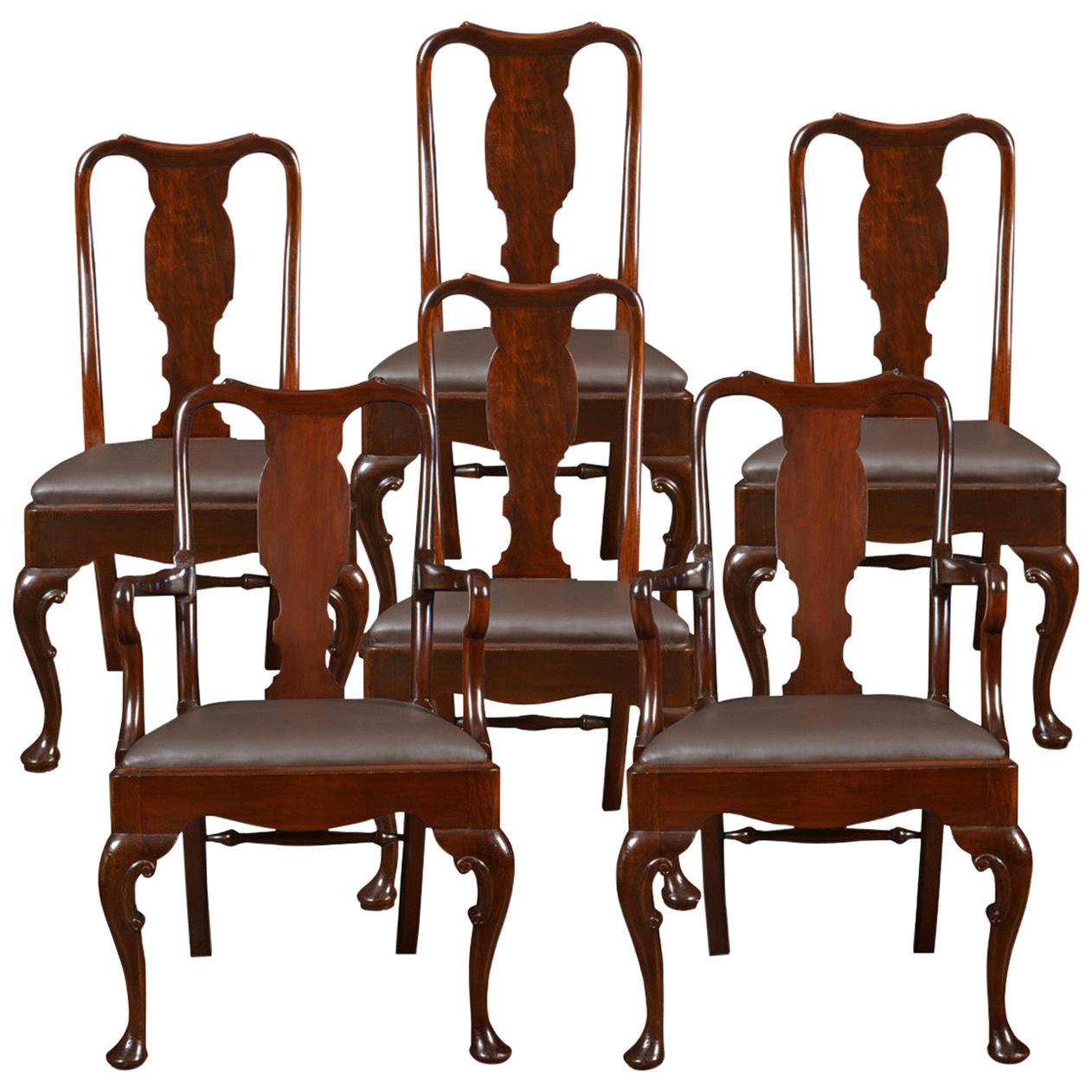 Set of Six Early 20th Century Queen Anne Style High Back Dining Chairs