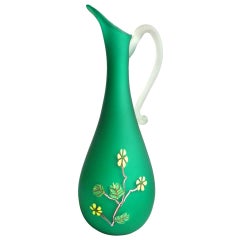 Fratelli Toso Murano Green Millefiori Flowers Satin Italian Art Glass Ewer Vase