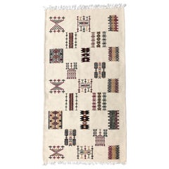 Hand-Loomed Berber Tribal Natural Wool Throw Rug, Cream, Red, Green