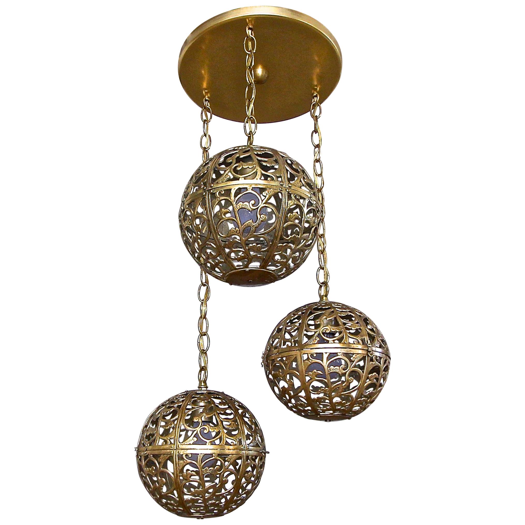 Trio Pierced Brass Asian Ceiling Light Pendant Chandelier